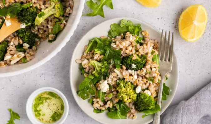 Farro and broccoli spoon salad with fresh herbs and lemon-za’atar garlic vinaigrette. not a real picture